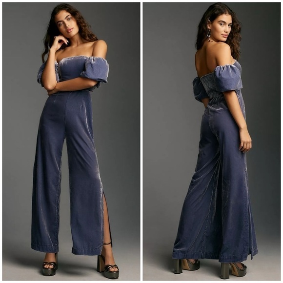 By Anthropologie The Femme Velvet Jumpsuit in Blue Multiple Sizes NWT - Picture 1 of 10